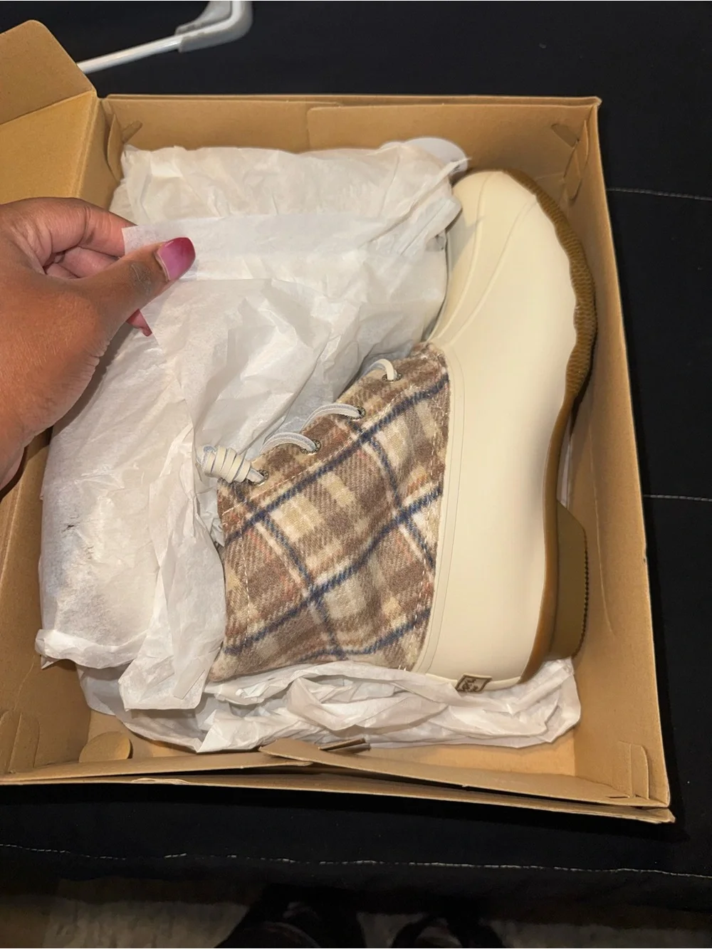 Sperry Cream Duck Boot with Plaid Collar